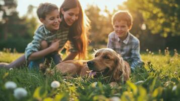 ai généré magnifique publicité photo de content magnifique famille en jouant avec chien dans jardin avec copie espace