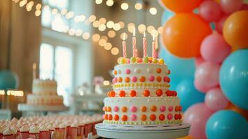 ai généré capricieux décor, vibrant des ballons, et joyeux festivités créer une animé et enchanteur fête ambiance photo