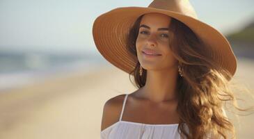 ai généré une femelle modèle souriant tandis que en marchant sur le plage photo