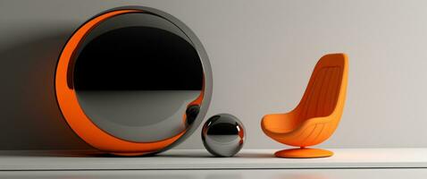 ai généré une grand gris miroir est séance dans de face de un Orange chaise photo
