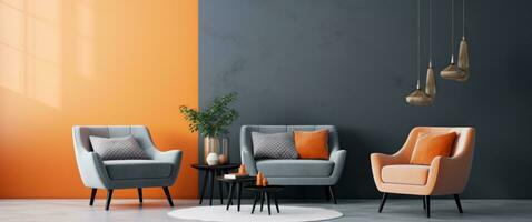 ai généré pièce concept Orange et gris Couleur palette avec gris, noir accent chaises photo