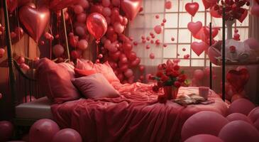 ai généré le lit est décoré avec rouge des ballons et rouge des roses photo