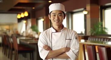 ai généré une Jeune asiatique chef souriant restaurant photo