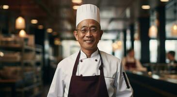 ai généré un souriant chef dans de face de une restaurant photo