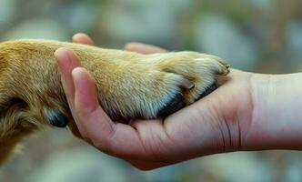 ai généré génératif ai, vétérinaire main est en portant chiens griffe. chiens patte dans humains main. national animal de compagnie photo