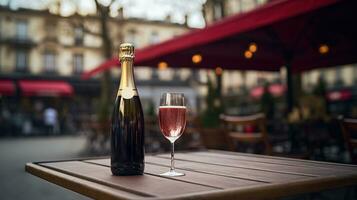 ai généré génératif ai, verre de Champagne et bouteille sur en bois table avec brouiller Contexte avec lumières de rue bar, café, café magasin ou restaurant, boisson moquer en haut photo