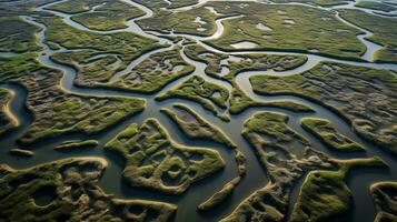 ai généré génératif ai, aérien vue de labyrinthe les voies navigables, drone photo, magnifique paysage photo