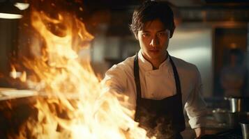 ai généré génératif ai, chef est cuisine avec fumant chaud poêle, occupé restaurant cuisine photo