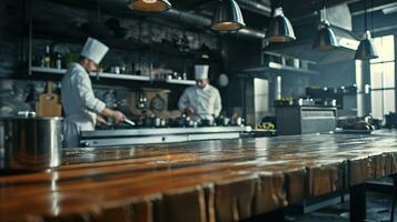 ai généré génératif ai, occupé chefs travail sur le restaurant cuisine , flou Contexte photo