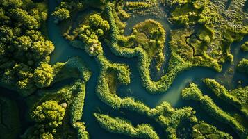 ai généré génératif ai, aérien vue de labyrinthe les voies navigables, drone photo, magnifique paysage photo