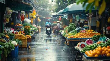 ai généré génératif ai, traditionnel Oriental asiatique marché avec des fruits et des légumes en dessous de le pluie avec parapluies photo