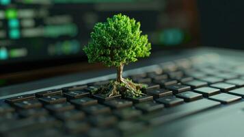 ai généré génératif ai, plante croissance de le portable clavier. écologie et environnement concept photo