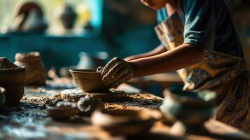 ai généré génératif ai, enfant mains avec argile fabrication de une céramique pot dans le poterie atelier studio, loisir et loisir concept photo