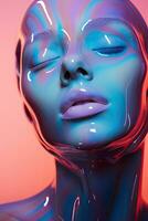 ai généré génératif ai, femme visage dans iridescent couleurs liquide, fluide, futuriste extraterrestre style, fermer photo