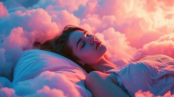 ai généré génératif ai, Jeune femme sont en train de dormir entouré par duveteux cotonneux rose des nuages dans le ciel photo