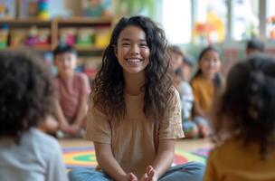 ai généré une prof est parlant à une classe de les enfants photo