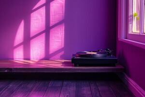 ai généré vieux gramophone sur en bois table dans une violet pièce photo