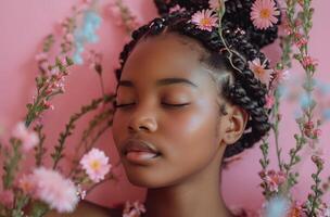 ai généré une Jeune africain américain fille est séance avec fleurs sur rose Contexte photo