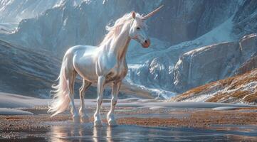 ai généré une Licorne est permanent dans de face de montagnes, argent et rose photo