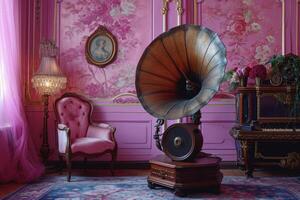 ai généré un antique gramophone séance sur une en bois supporter dans une violet pièce photo