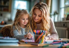 ai généré une Jeune fille prend crayons de couleur de une boîte à faire les arts et artisanat avec sa mère photo