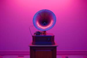 ai généré un antique gramophone séance sur une en bois supporter dans une violet pièce photo