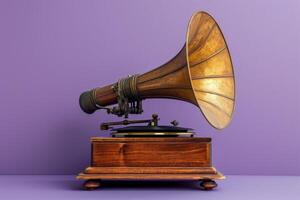 ai généré un antique gramophone séance sur une en bois supporter dans une violet pièce photo