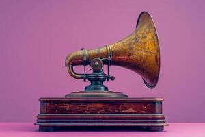 ai généré un antique gramophone séance sur une en bois supporter dans une violet pièce photo