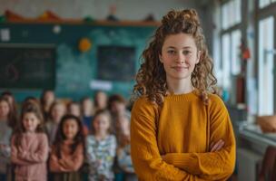 ai généré prof permanent dans de face de une salle de cours avec certains des gamins dans classe photo