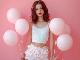 ai généré fille avec ballon la Saint-Valentin journée fête sur une rose Contexte photo