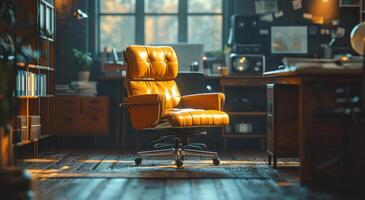 ai généré réalisateur chaise dans le foncé Bureau photo