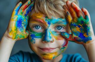 ai généré Jeune mignonne garçon avec coloré peint mains plus de le sien visage photo