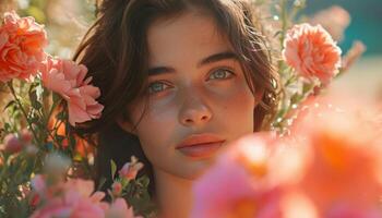 ai généré Jeune Dame en portant fleurs femme photo