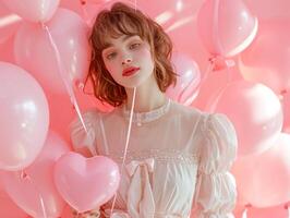 ai généré femme posant avec rose cœur en forme de des ballons photo