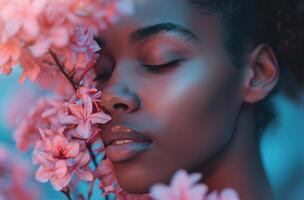 ai généré Jeune noir femme odeur une bouquet de rose fleurs photo