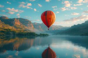 ai généré une chaud air ballon flottant plus de une lac, photo