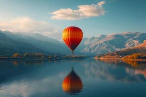 ai généré une chaud air ballon flottant plus de une lac, photo