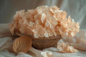 ai généré une panier rempli avec marron fleurs avec une grand feuille dans il photo