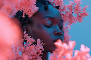 ai généré Jeune noir femme odeur une bouquet de rose fleurs photo