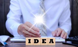 homme d'affaires tenant le concept d'icône d'idée d'ampoule, idée d'innovation, symbole industriel, idées innovantes et créatives concept simple d'entreprise d'ampoule photo