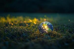 ai généré global Terre sur sol dans forêt avec fougères et Soleil éclat photo