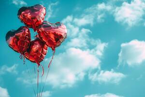 ai généré rouge cœur en forme de déjouer air des ballons flottant sur bleu nuageux ciel, la Saint-Valentin journée fête photo