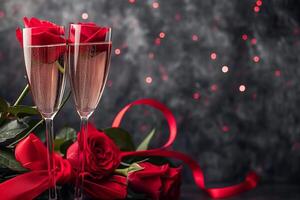ai généré Champagne verre avec Rose fleur bouquet et bokeh lumière arrière-plan, content la Saint-Valentin journée concept photo