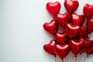 ai généré rouge cœur en forme de déjouer air des ballons flottant sur blanc arrière-plan, la Saint-Valentin journée fête photo