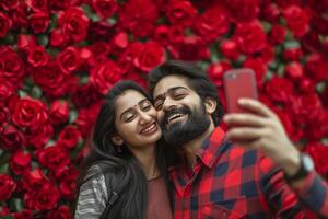 ai généré joyeux charmant couple prise selfie sur valentines jour, content Valentin journée concept photo