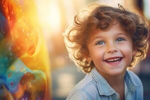 ai généré une content souriant enfant qui est coloration sur le livre, léger floue arrière-plan, fermer vue photo