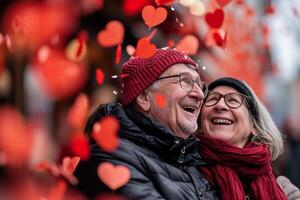 ai généré personnes âgées souriant couple portrait tendrement entouré par romantique atmosphère de flottant cœurs. photo