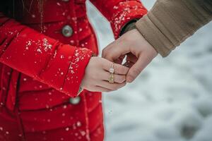 ai généré couple dans romantique hiver et chute de neige ensemble, content Valentin journée concept photo