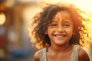 ai généré une content souriant enfant qui est coloration sur le livre, léger floue arrière-plan, fermer vue photo