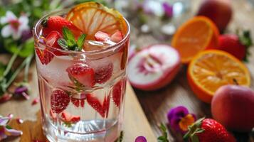 ai généré une verre rempli avec une boisson suivant à tranché fruit et fleurs photo